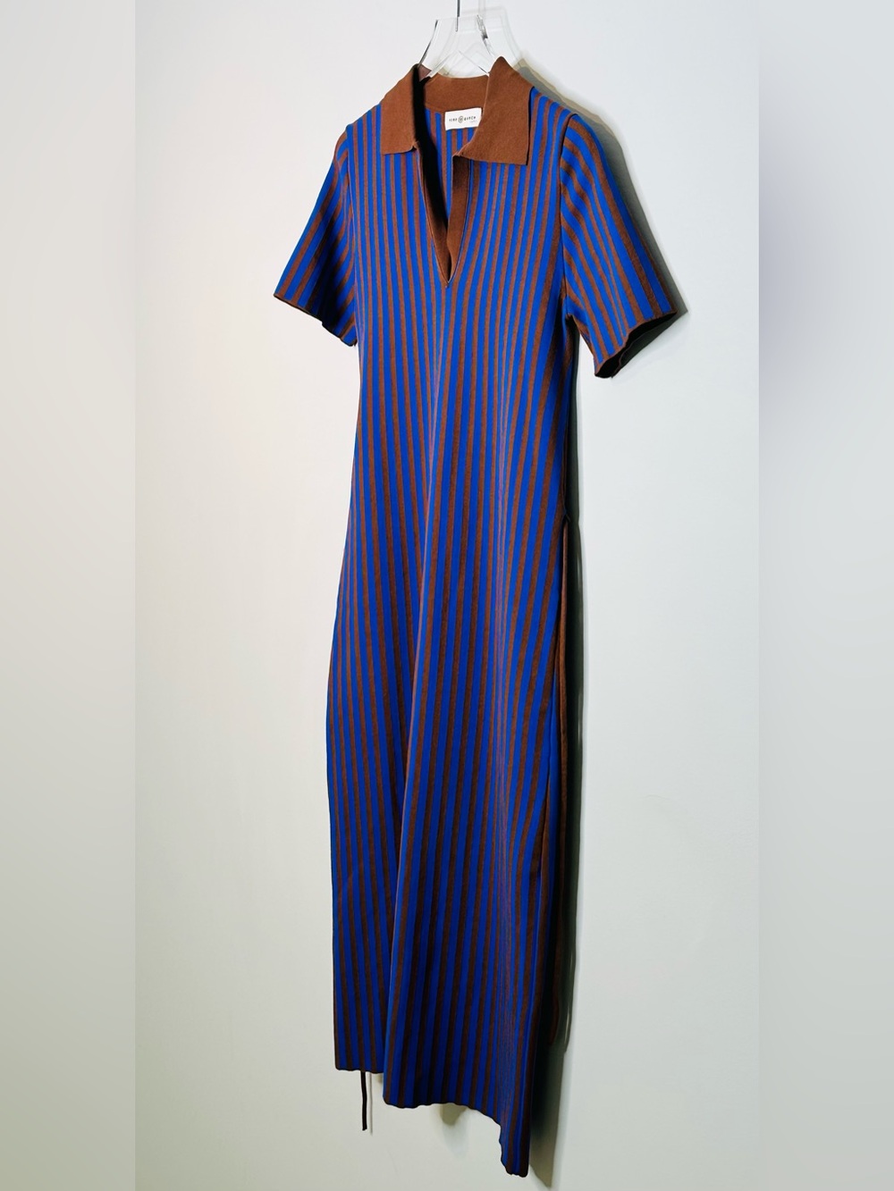 Tory Burch Chocolate Brown Soufflé Electric Blue Ink Striped Polo Midi Dress - Picture 5 of 15